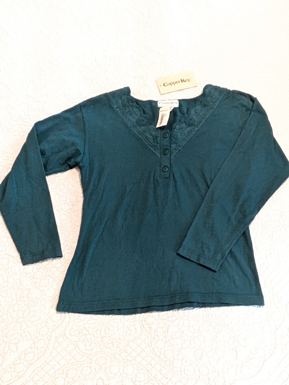 NWT Copper Key Teal Long Sleeve 100% Cotton Embroidered Trim Top Size S